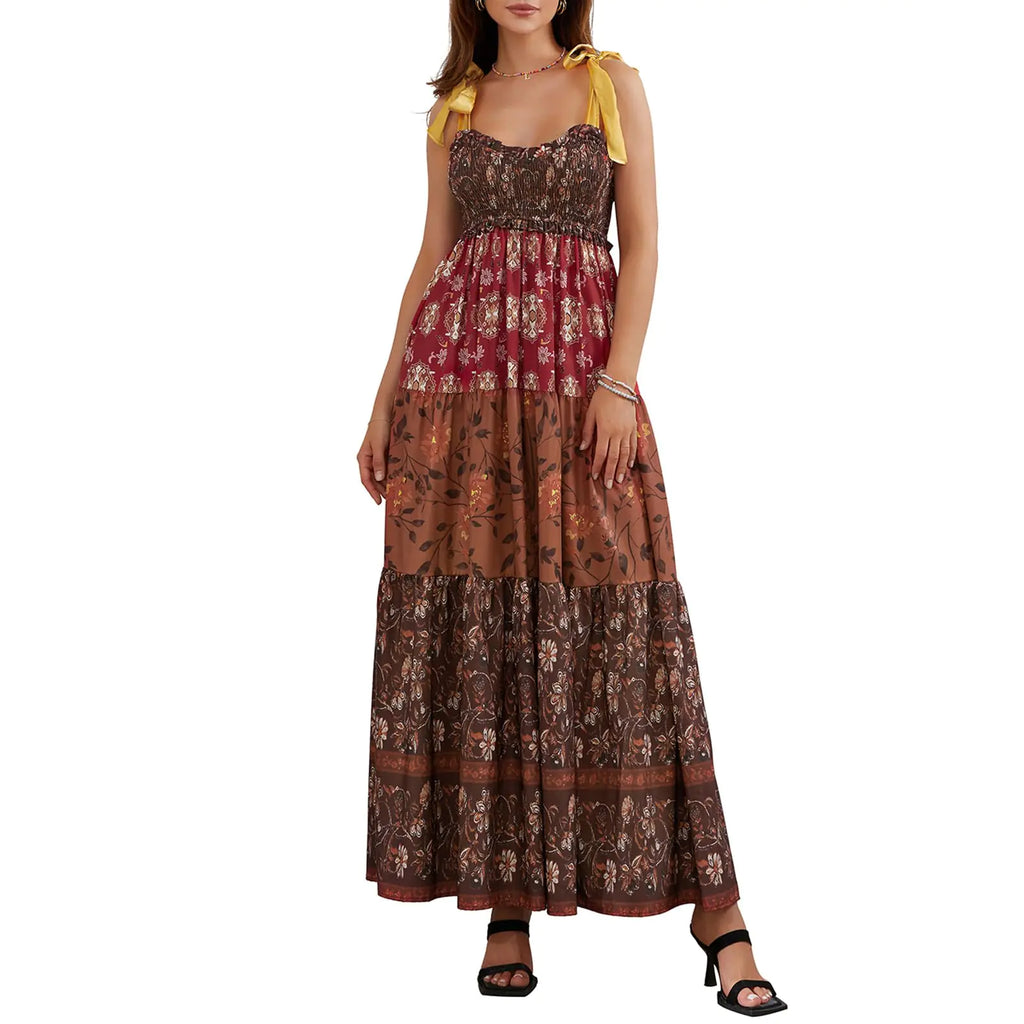 Women Summer Casual Maxi Dress Boho Dress Sleevelss Tie up Flowy Dress Cutout Long Dress Vacation Beach Dress (Brown #Vf4 S)