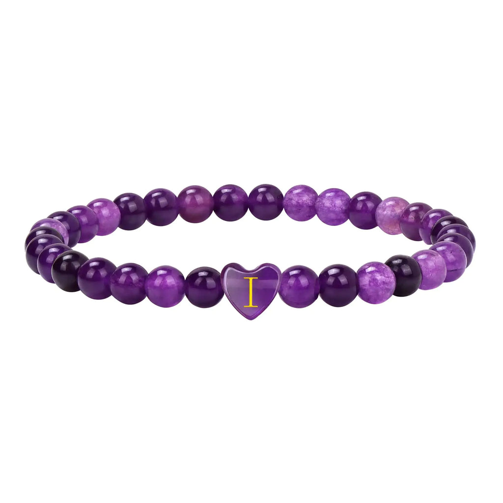Bolinailo Amethyst Bracelet for Women 6mm Bead Natural Healing Crystal Heart Initial Bead Anxiety Stress Relief Purple Handmade Jewelry Birthday Gifts