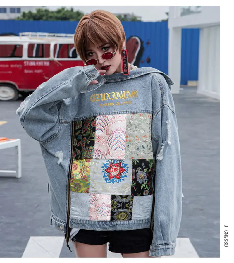 Vintage Floral Embroidery Ripped Denim Jacket for Women