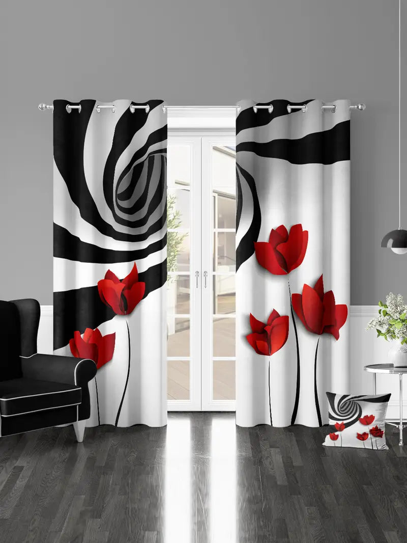 2pcs Abstract Art Curtains with Red Flower Design