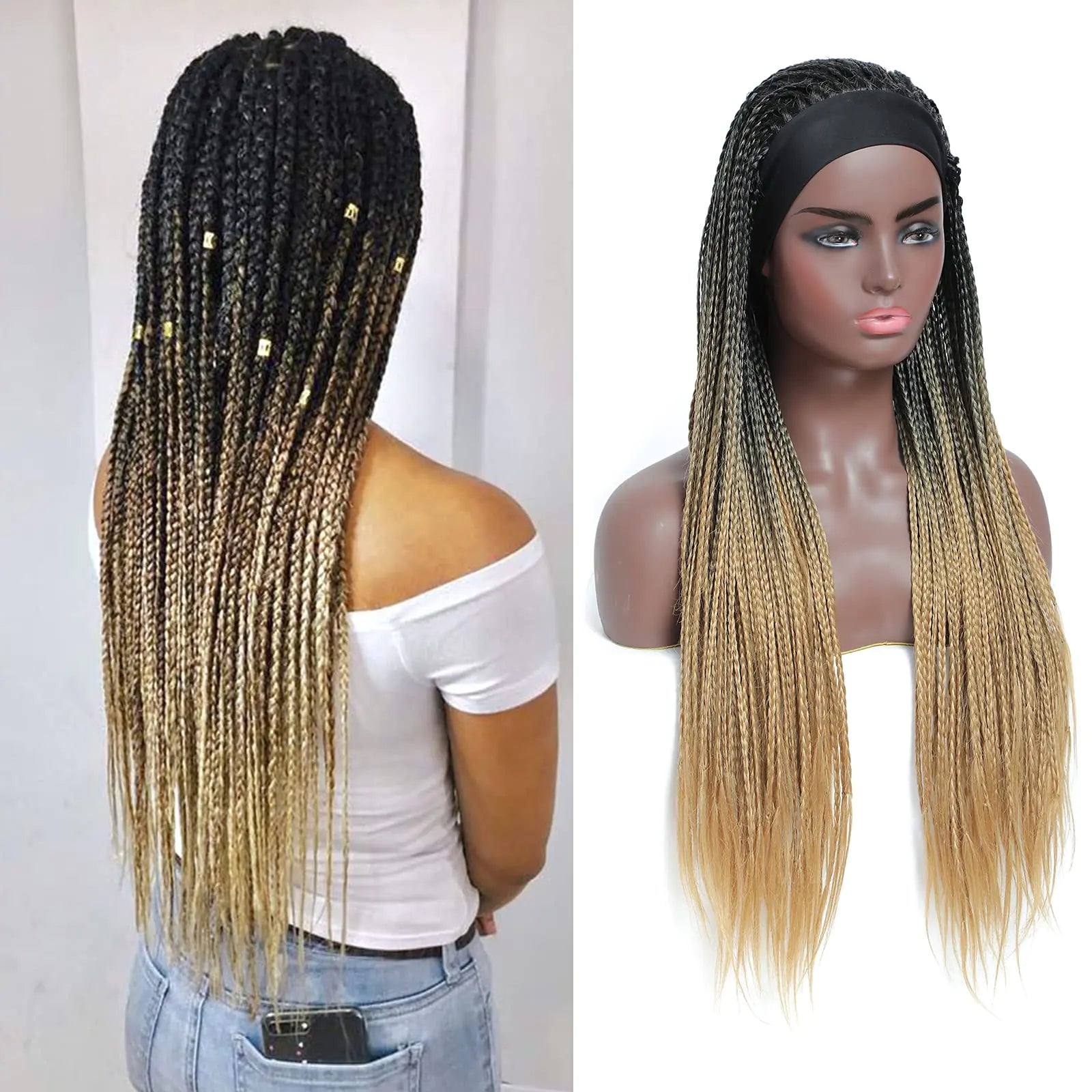 ROSEBONY Box Braided Headband Wigs for Black Women Micro Braids 26 Inch Long Wigs Synthetic Wigs with Small Braids (R1b/27 brown 24" Headband Wig)