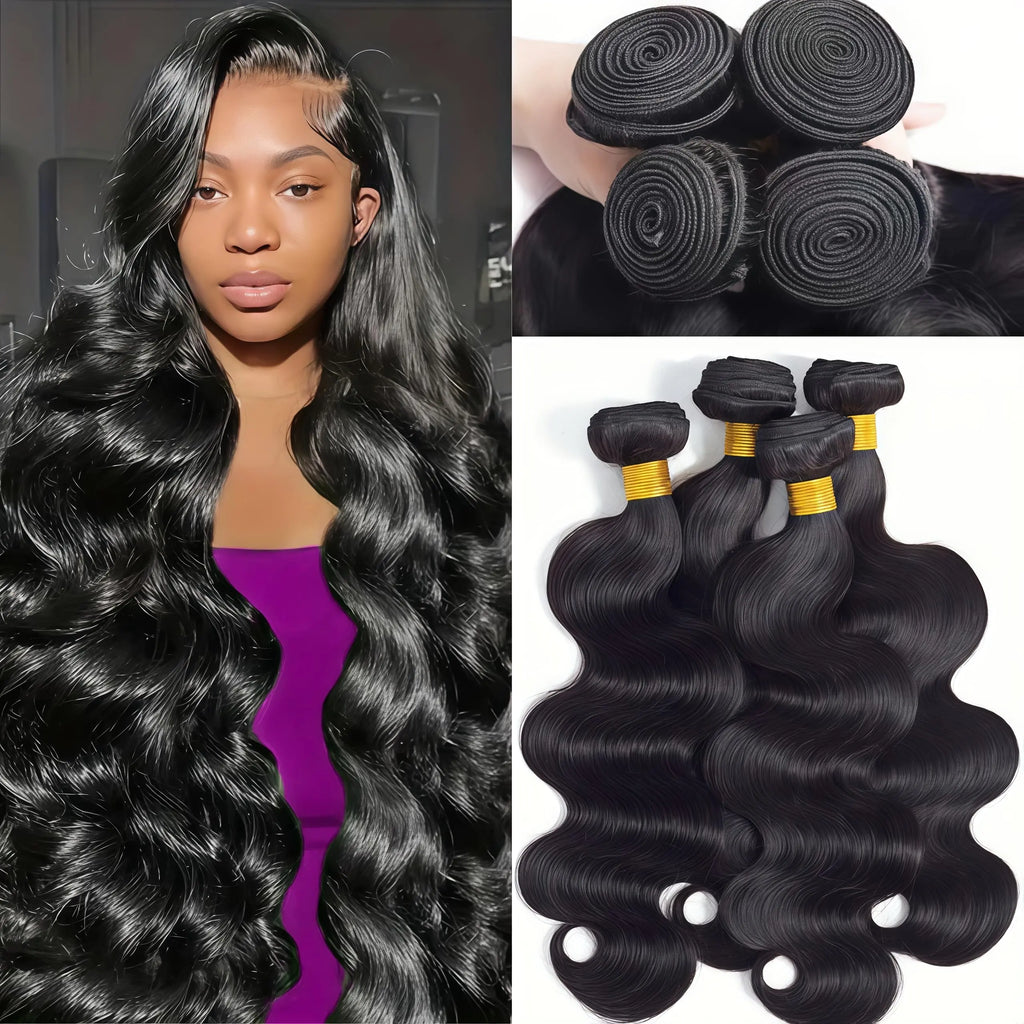 12A Human Hair Bundles 26 28 30 32 Inch Body Wave Bundles 100% Unprocessed Brazilian Virgin Hair 4 Bundles Deals Quick Weave Extensions Natural Black