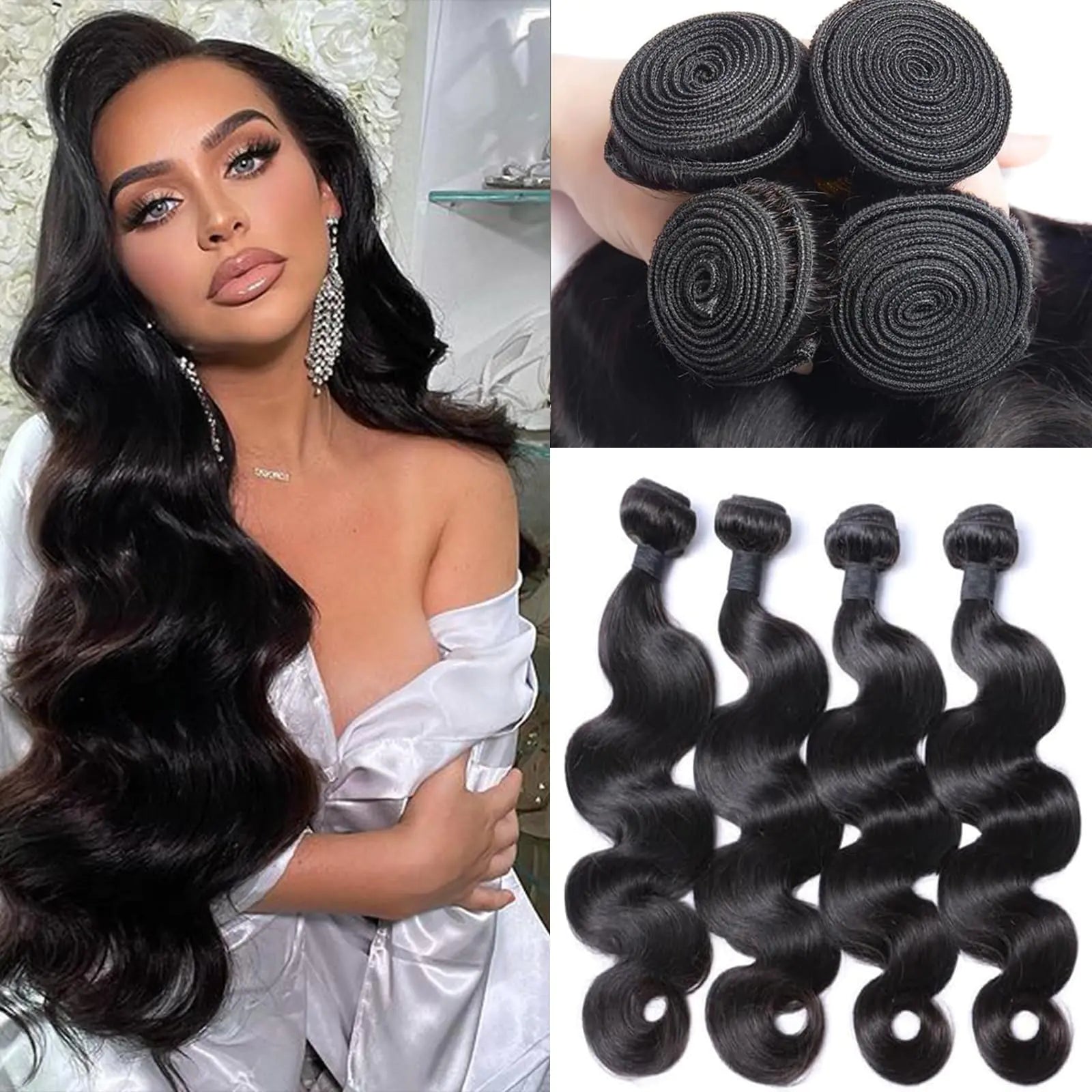 12A Human Hair Bundles 16 18 20 22 Inch Body Wave Bundles 100% Unprocessed Brazilian Virgin 4 Bundles Extensions Quick Weave Bundles Natural Black