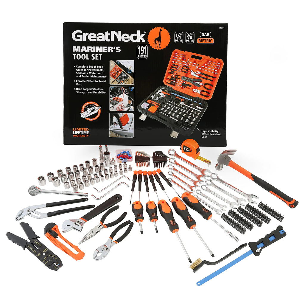GreatNeck MS191 191-Piece Tool Kit Boat Accessories Marine Tools Set Rust Resistant Hand Tools Water Resistant Storage Case