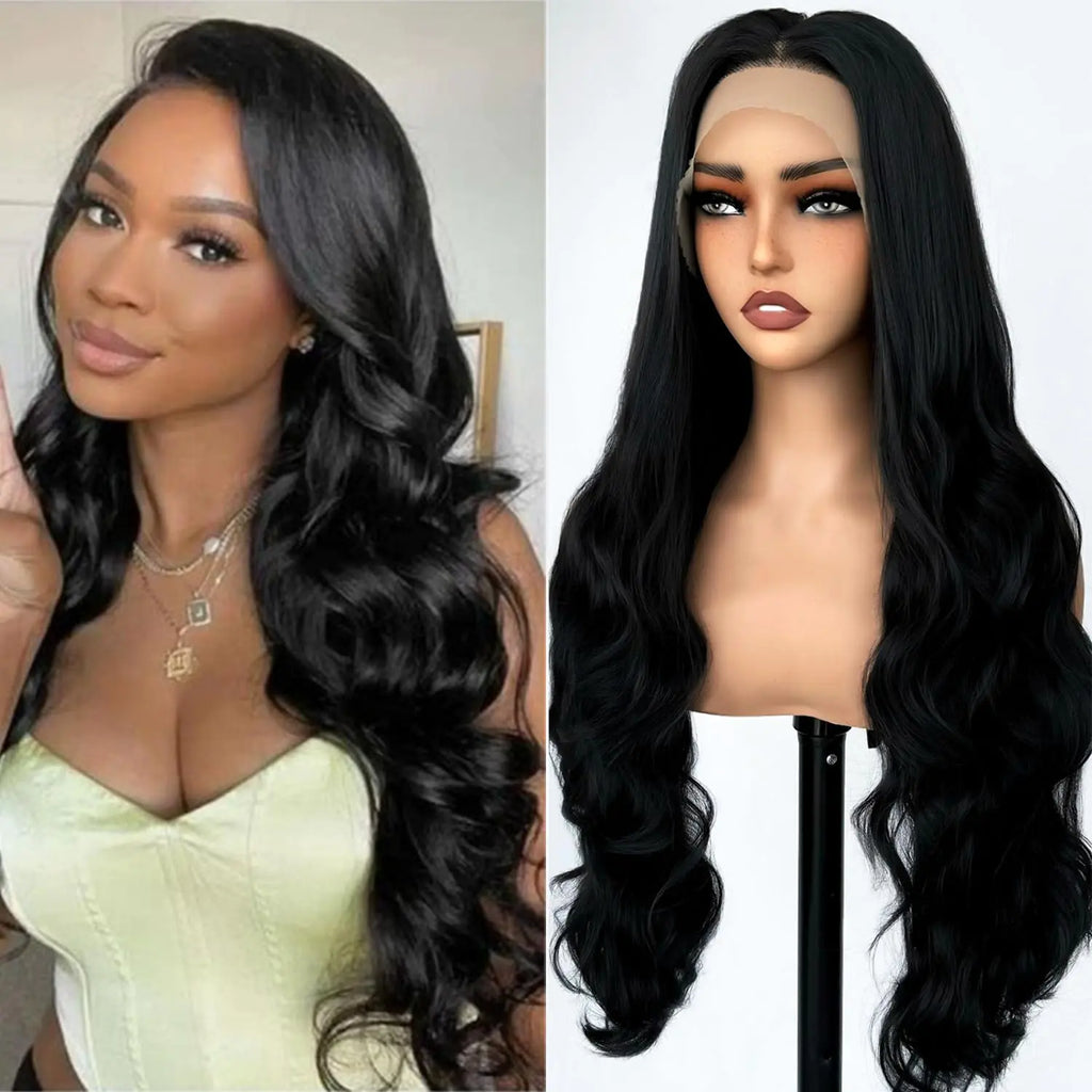 SOKU 13x6 Lace Front Wigs Synthetic 28 Inch Body Wave Wigs with Baby Hair Free Part Lace Frontal Wigs Pre Plucked Natural Black Wave Lace Front Wigs for Women Girls High Temperature Fiber