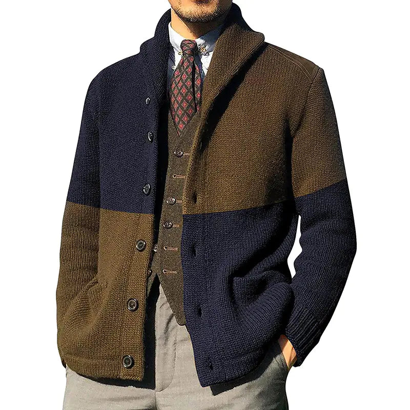 Men's Color-blocking Button Long-sleeve Knitted Jacket