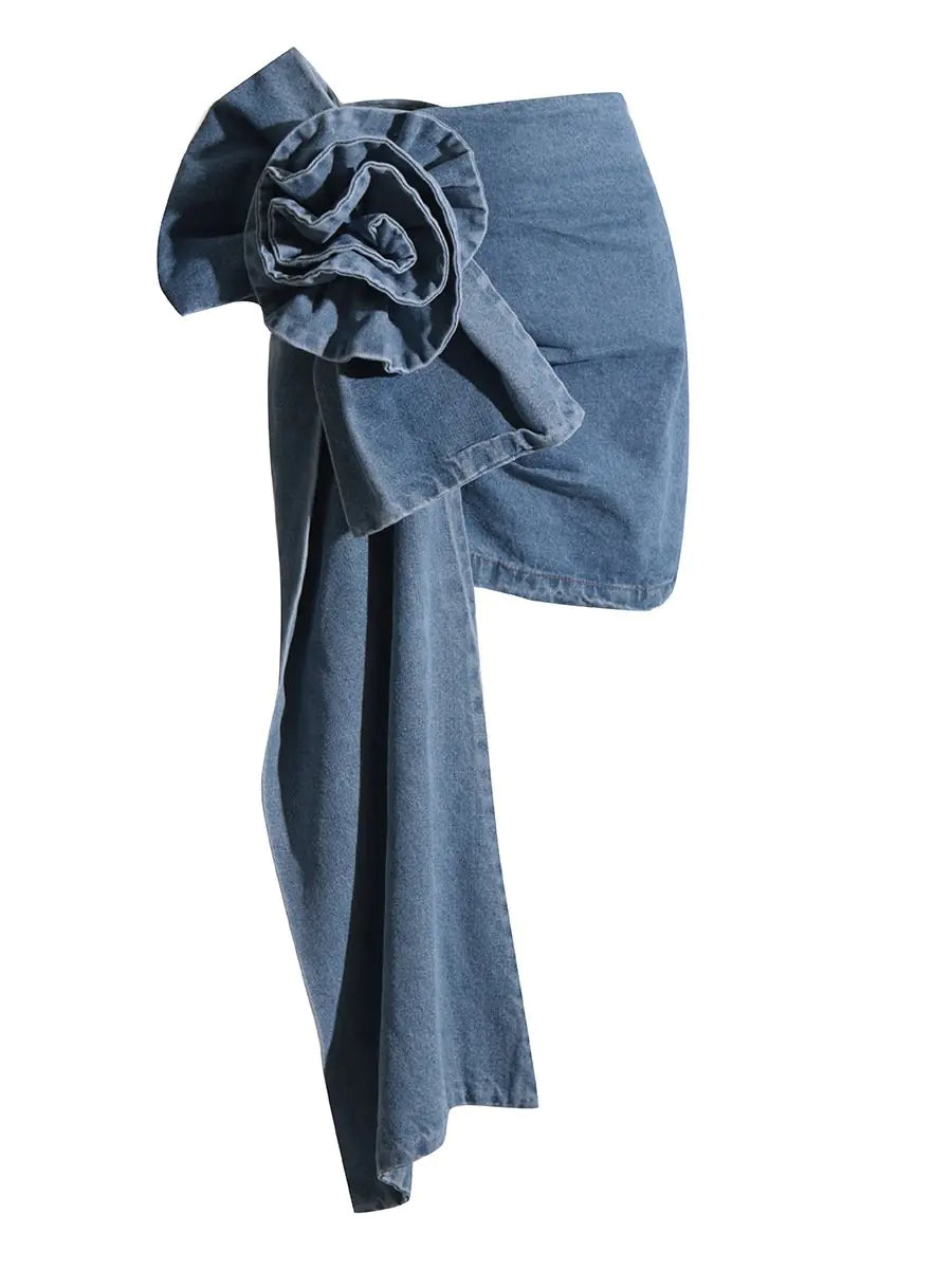 Retro Blue Rose Denim Skirt for Women