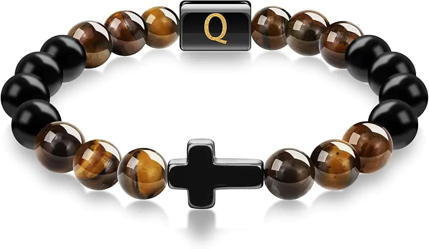 SOOWOOT Tigers Eye Bracelet Natural Stone Beads mens bracelet Cross Bracelet for Men Initial Bracelet Christian Gifts for Men(Q)