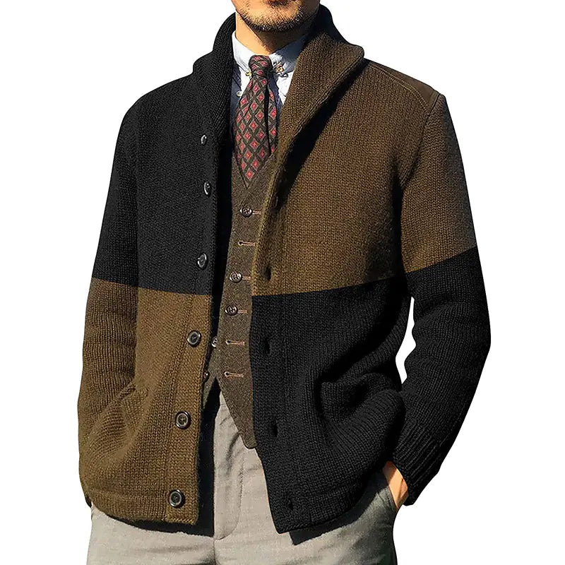 Men's Color-blocking Button Long-sleeve Knitted Jacket