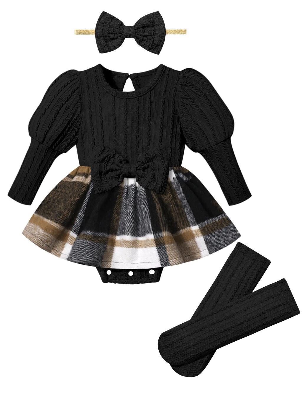 KANGKANG Baby Girl Clothes 6-9 Month Girl Clothes Black Long Sleeve Romper Brown Plaid Dresses Socks 4Pcs Baby Girl Fall Winter Outfits Infant Girl Clothes