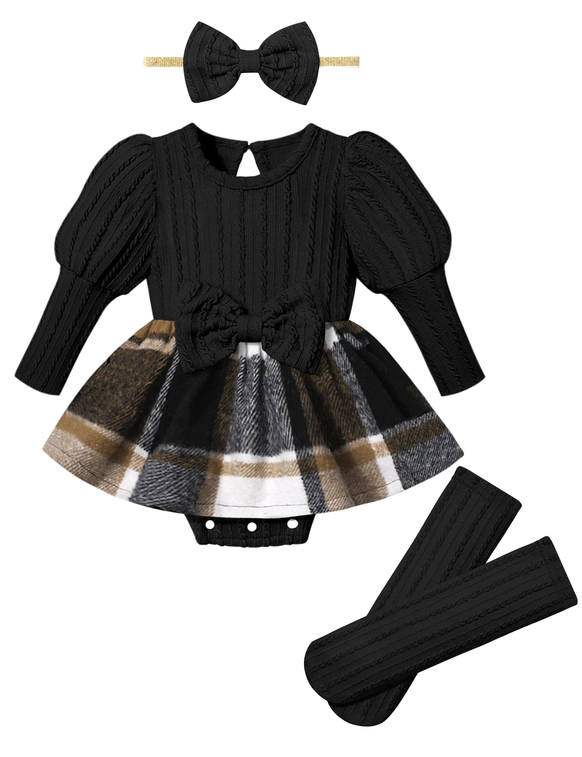 KANGKANG Baby Girl Clothes 6-9 Month Girl Clothes Black Long Sleeve Romper Brown Plaid Dresses Socks 4Pcs Baby Girl Fall Winter Outfits Infant Girl Clothes