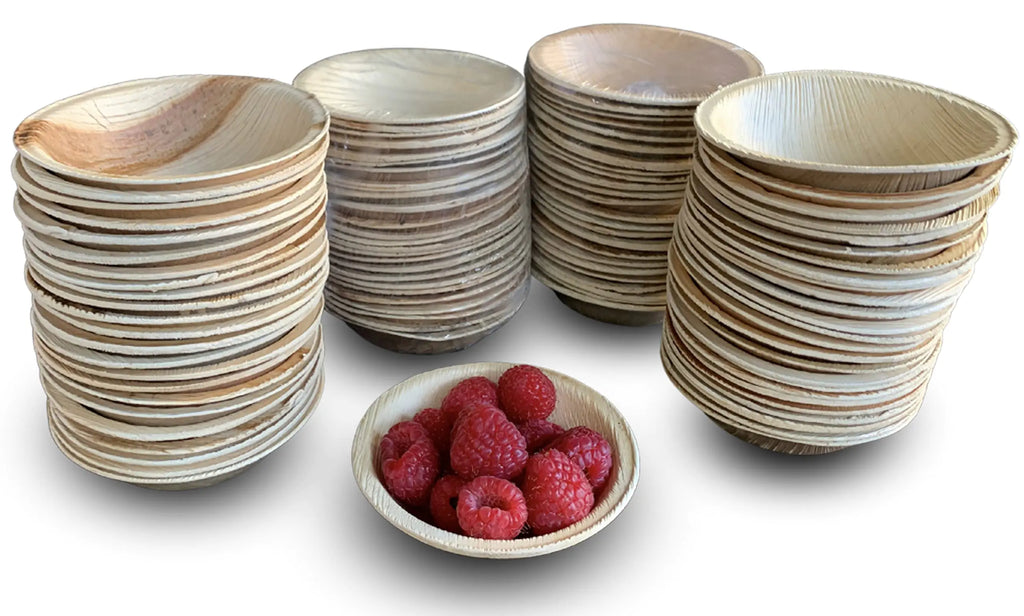 Raj Disposable Palm Leaf Bowls (100 Count 4" Bowls) Strong Bowls Like Bamboo Party Bowls - Decorative Compostable Tableware for Lunch Dinner Birthday Outdoor BBQ Picnic Parties