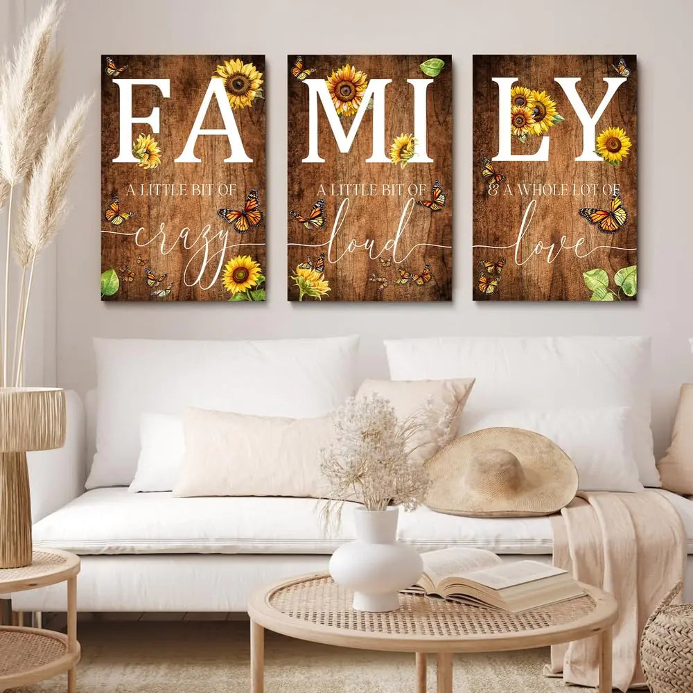 GUBIYU Farmhouse Family Wall Art Set of 3 Rustic Family Wall Decor Dining Room  Retro Brown Wood Butterfly Sunflower Living Room  12"x16"