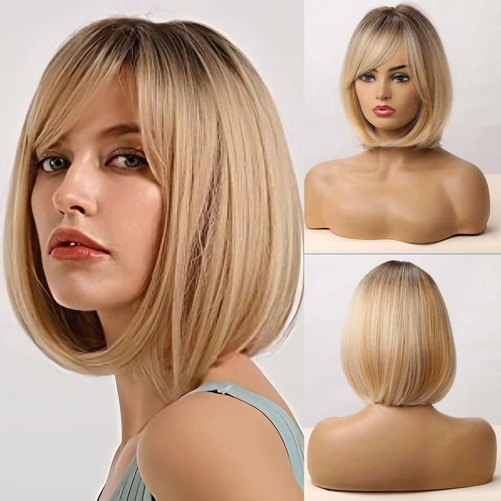 ALANHAIR Blonde Bob Wigs for Women Ombre Blonde Short Bob Wigs with Bangs Short Bob Straight Wigs Realistic Look Synthetic wigs