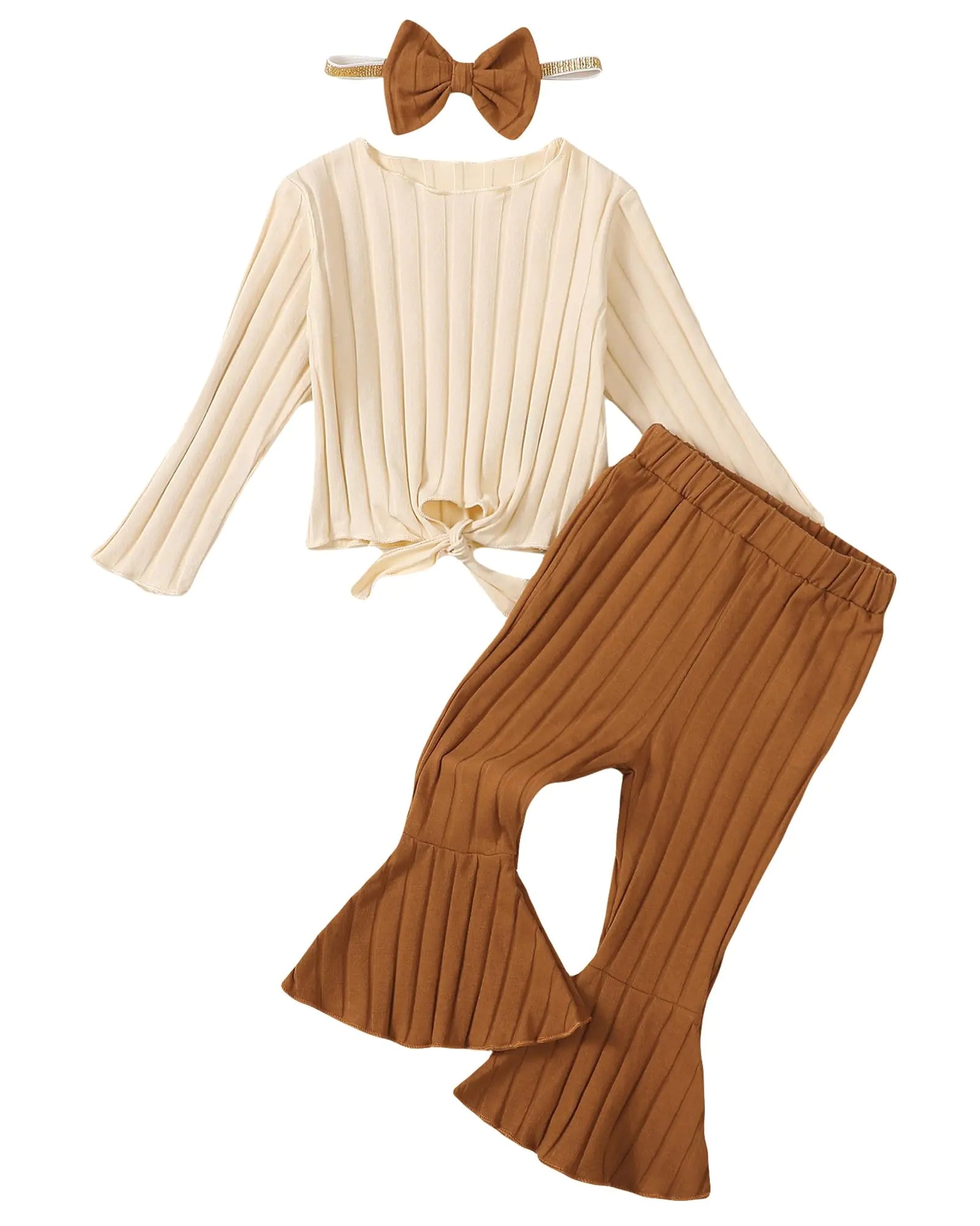 Kucnuzki Toddler Clothes 2T 3T Girl Clothes Apricot Long Sleeve Ruffle Shirt Bell Bottom High Waisted Flare Pants Cute Kids Clothes Little Girls Clothes