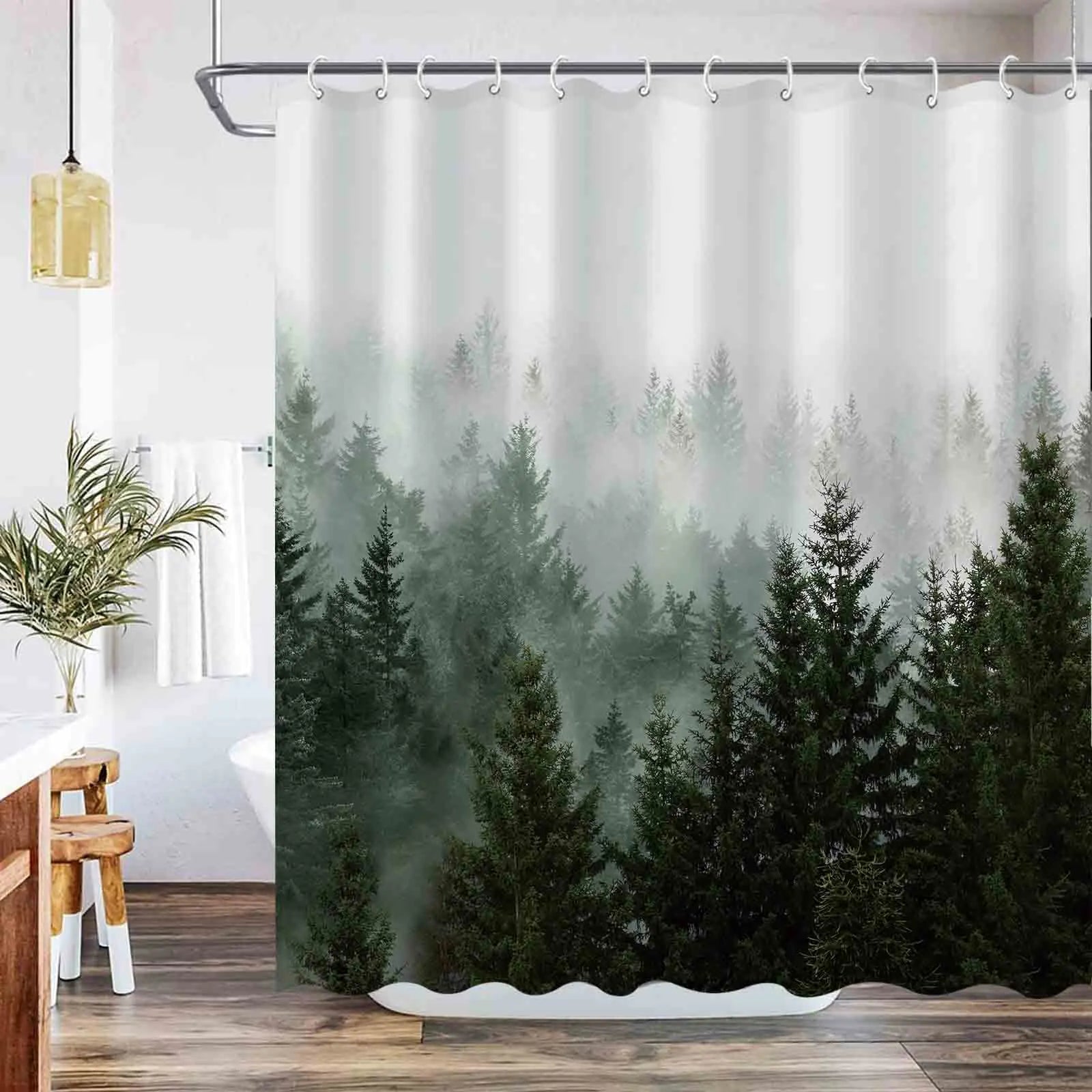Aipon Green Misty Forest Shower Curtain Nature Tree Shower Dark Green Fabric Waterproof for Bathroom Decor with 12 Hooks (72 × 78 Green4)