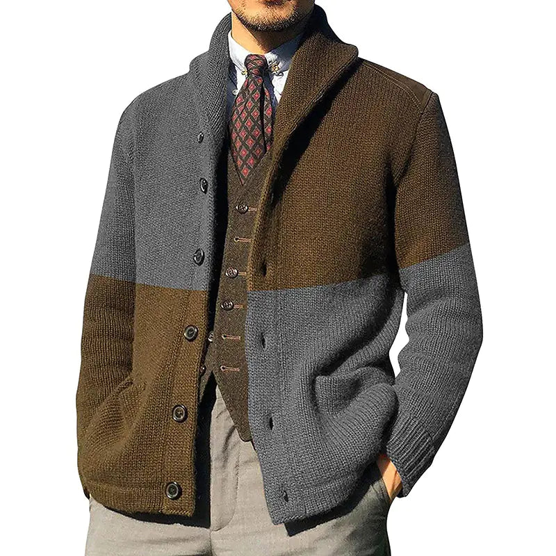 Men's Color-blocking Button Long-sleeve Knitted Jacket