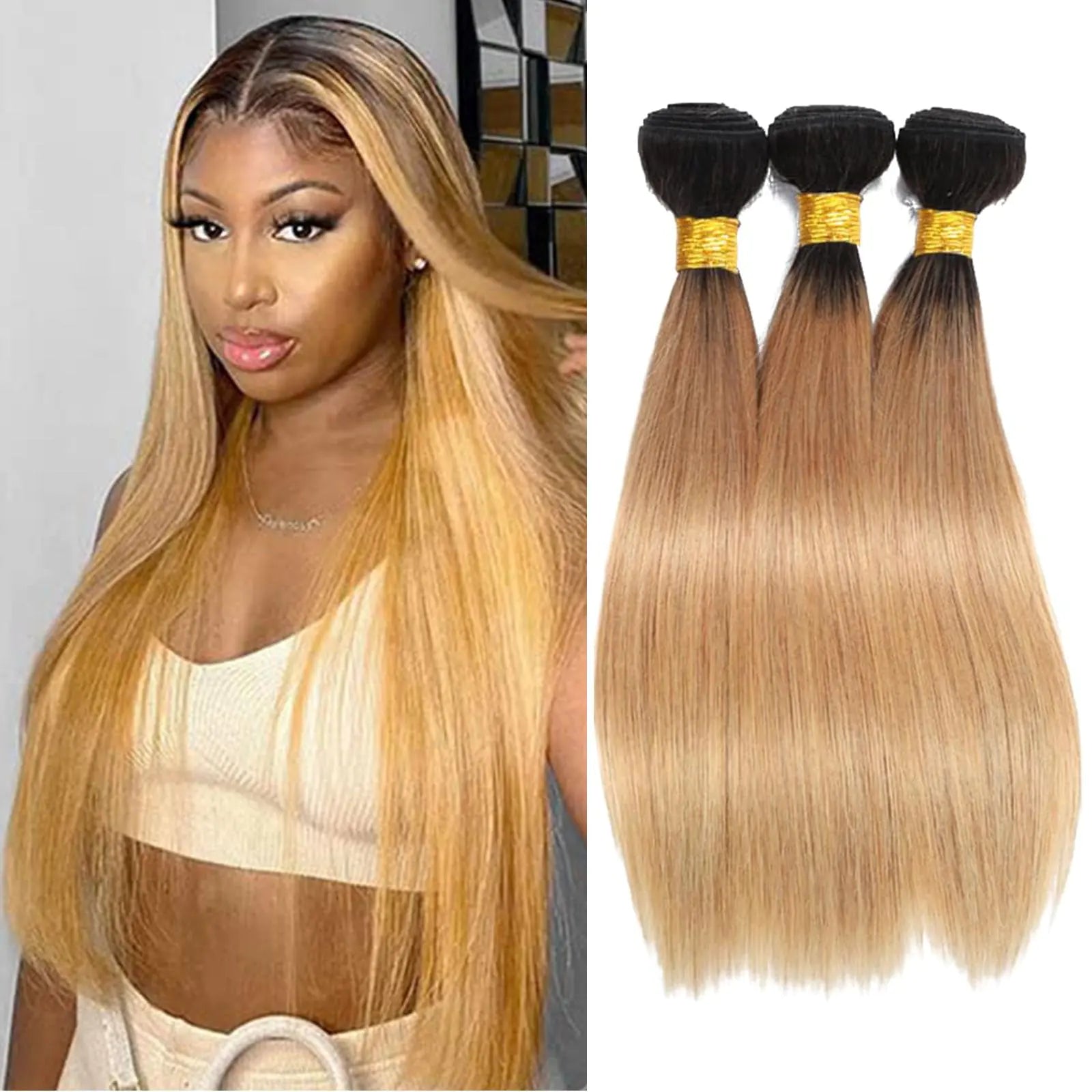 1B/27 Ombre Human Hair Bundles Straight Bundles 24 26 28 Inch 3 Bundles 100% Unprocessed Brazilian Virgin Bundles Straight(1B/27-ST-24 26 28Inch)