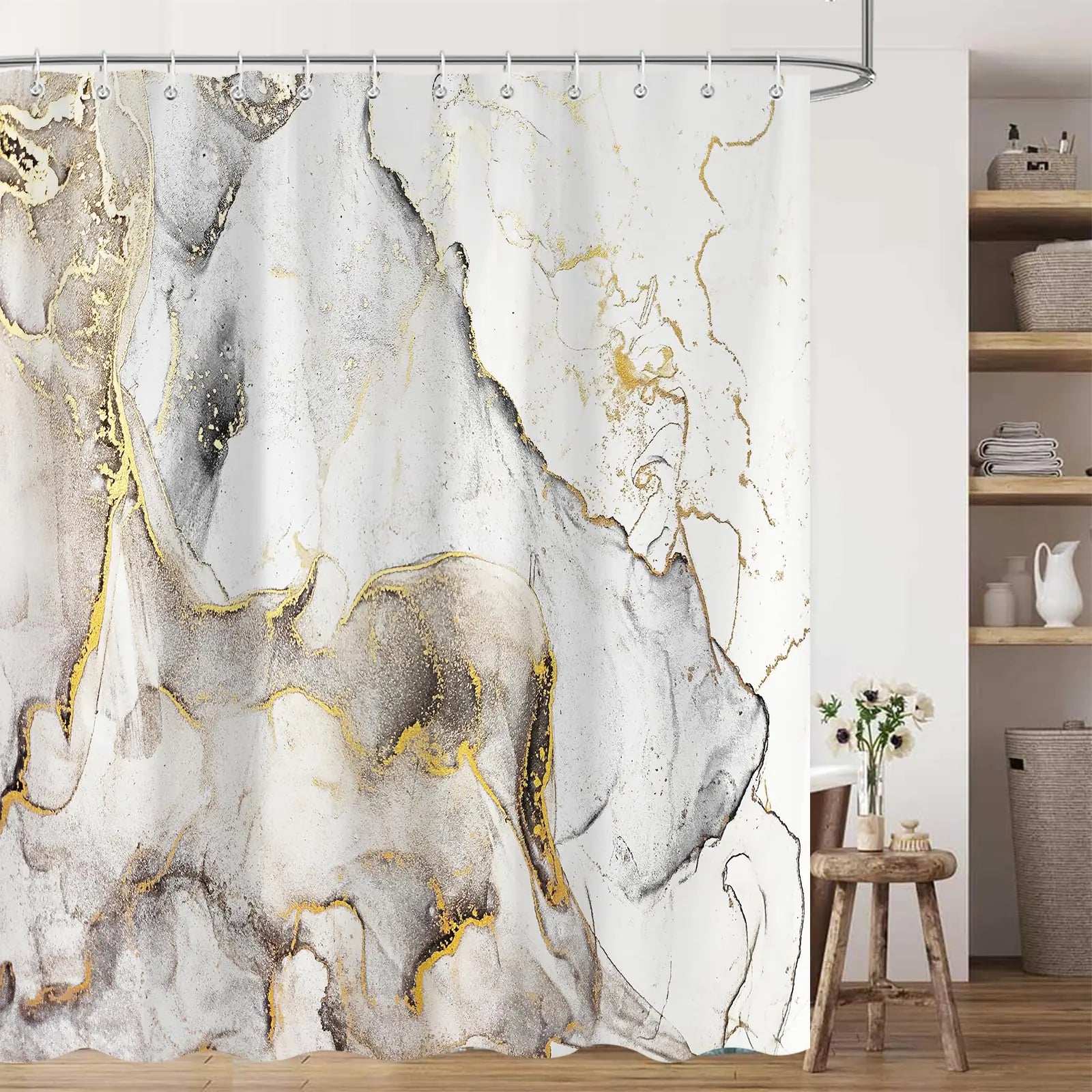 Emwnodti White Marble Shower Curtain for Bathroom Decor Abstract White and Gold Marble  Polyester Fabric Modern Golden Bath with 12 Hooks 72x72 inch