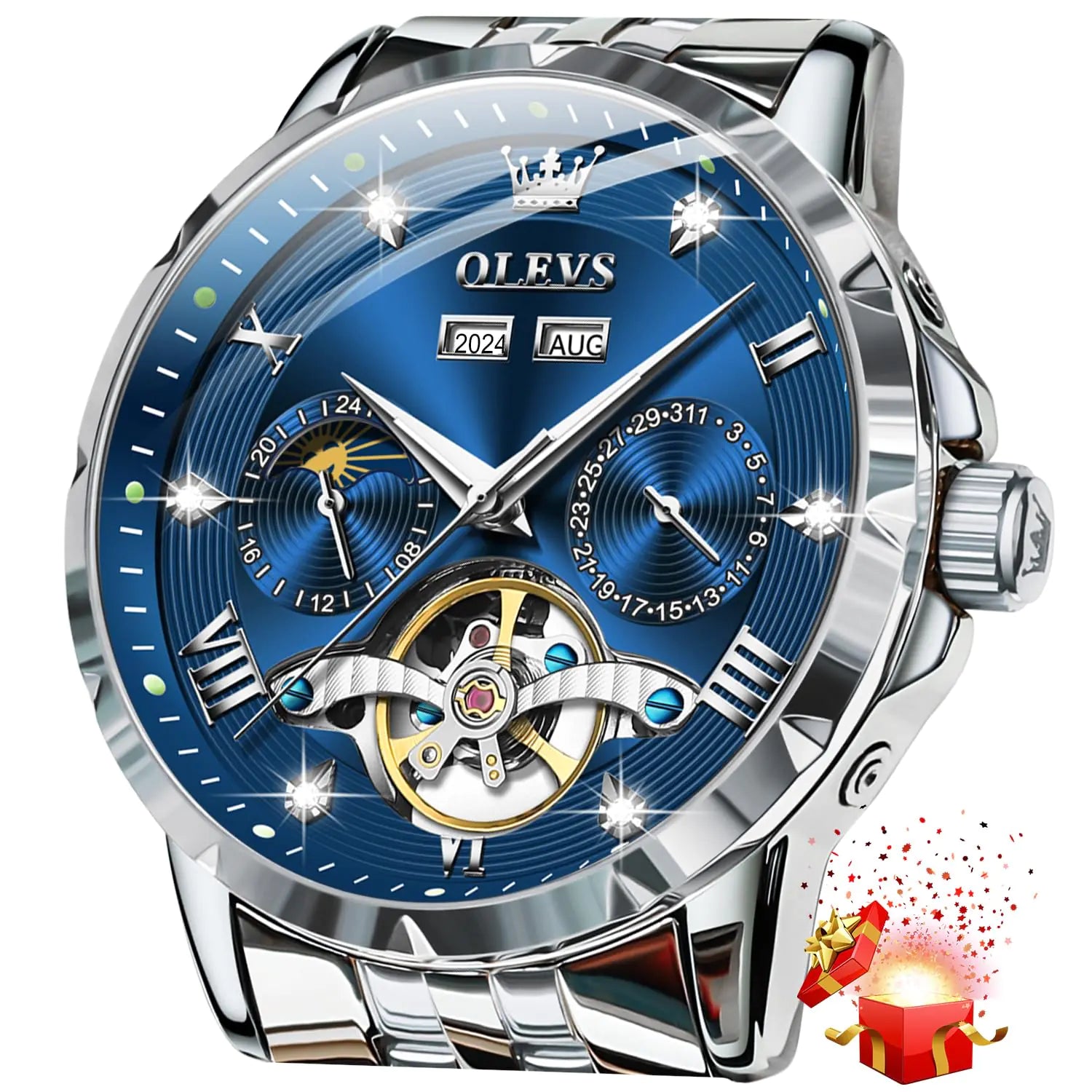 OLEVS Mens Automatic Watch Luxury Dress Diamond Self Winding Skeleton Tourbillion Stainless Steel Original Watches for Men