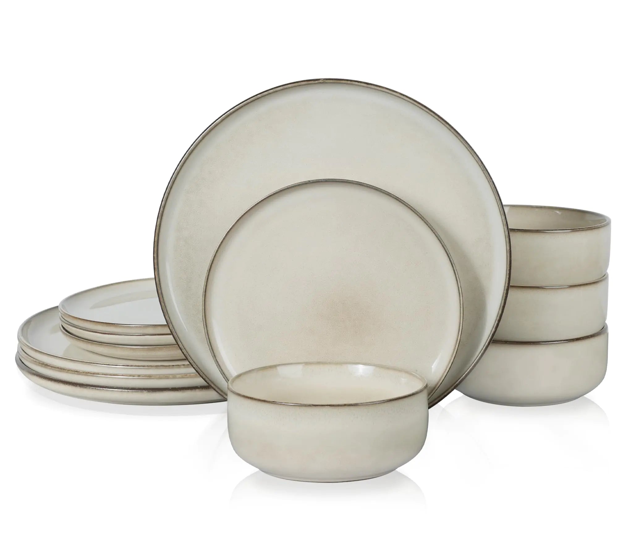 E-far Dinnerware Sets for 4 12-Piece Stoneware Plates and Bowls Set Reactive Glaze Dishes Dinning Ware Set Chip & Scratch Resistant  - Sandy Beige