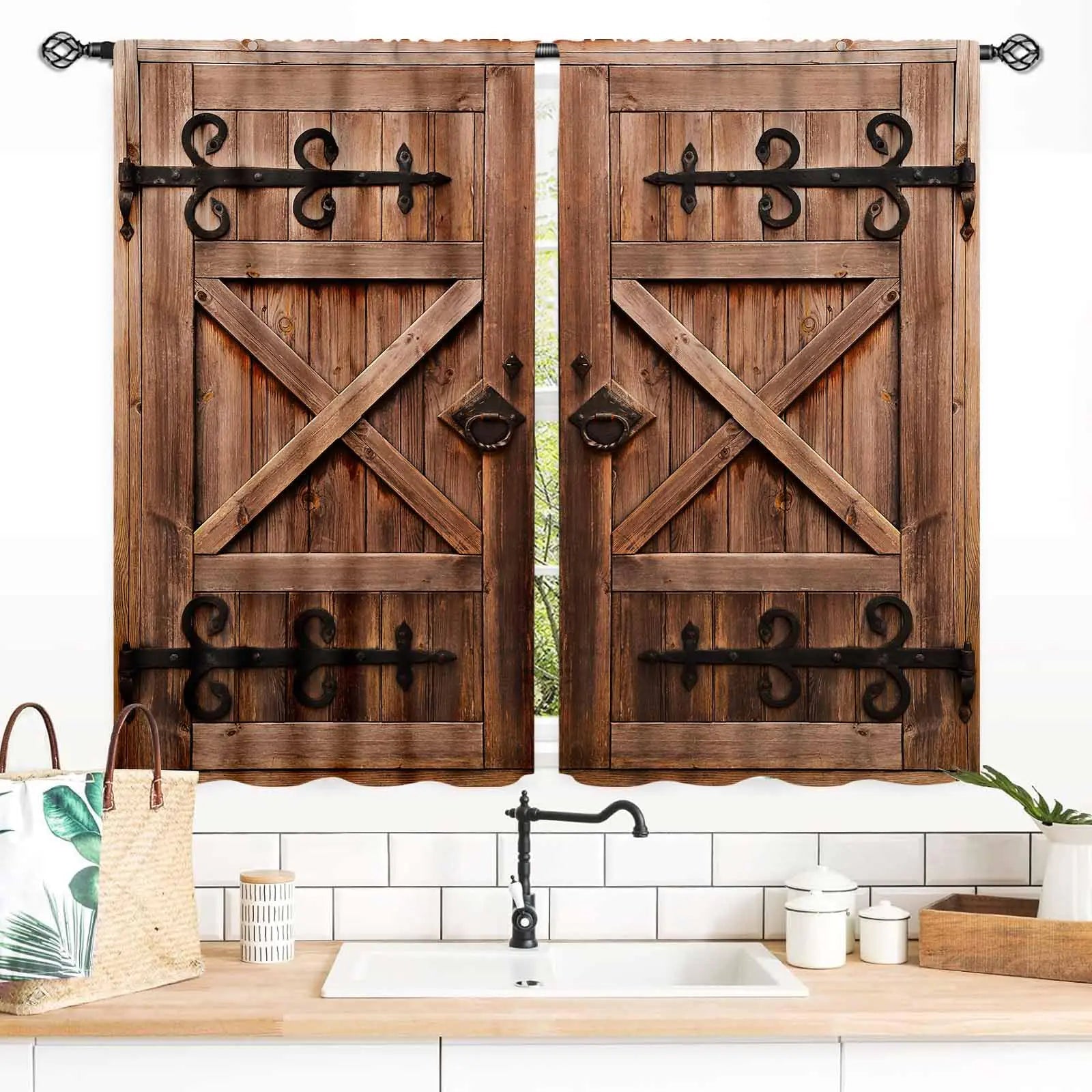 TKUYO Wooden Barn Door Curtains Rustic Brown Wood Board Farmhouse Country Cottage Western Barnwood Garage Gate Drapes Window Curtains for Living Room Bedroom Kitchen 2 Panels 55x39 Inch
