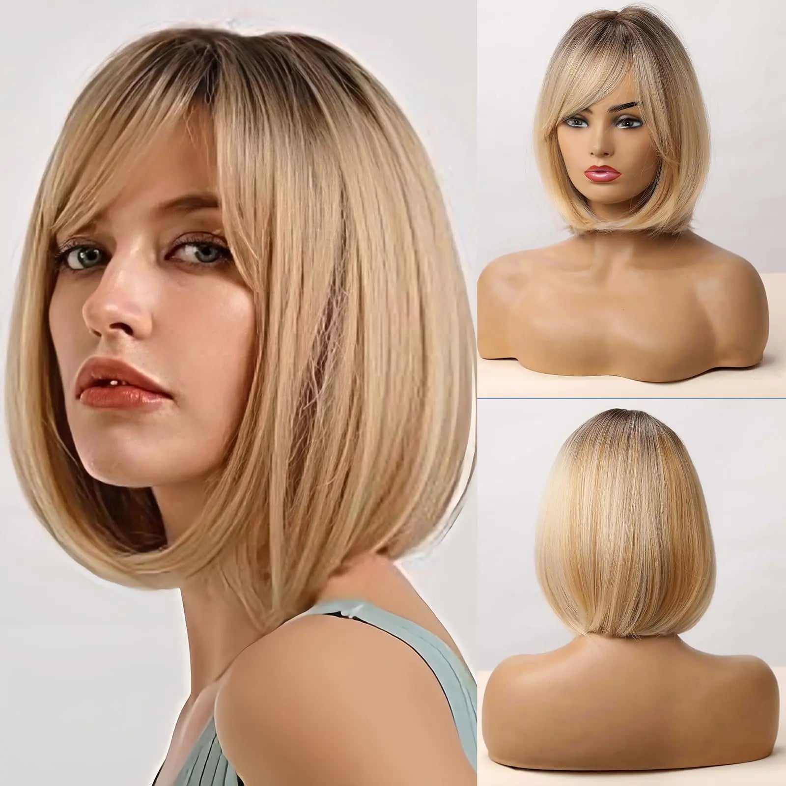 ALANHAIR Blonde Bob Wigs for Women Ombre Blonde Short Bob Wigs with Bangs Short Bob Straight Wigs Realistic Look Synthetic wigs