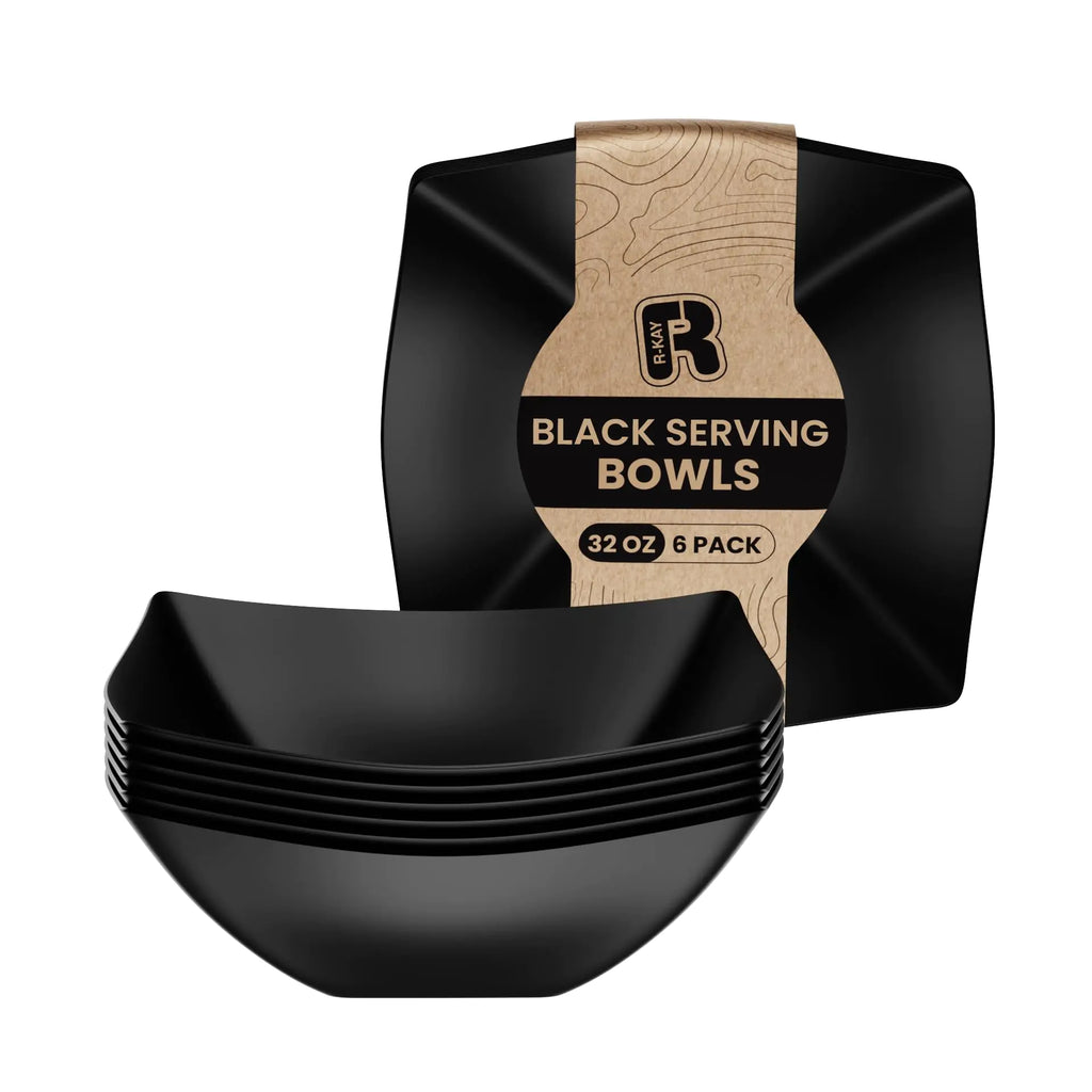 R-kay 6 Pack Square Plastic Serving Bowls - Black Plastic bowls 32 Oz - Salad Bowls Large Serving - Premium Black Disposable bowls Heavy Duty For Weddings Catering And Birthday parties