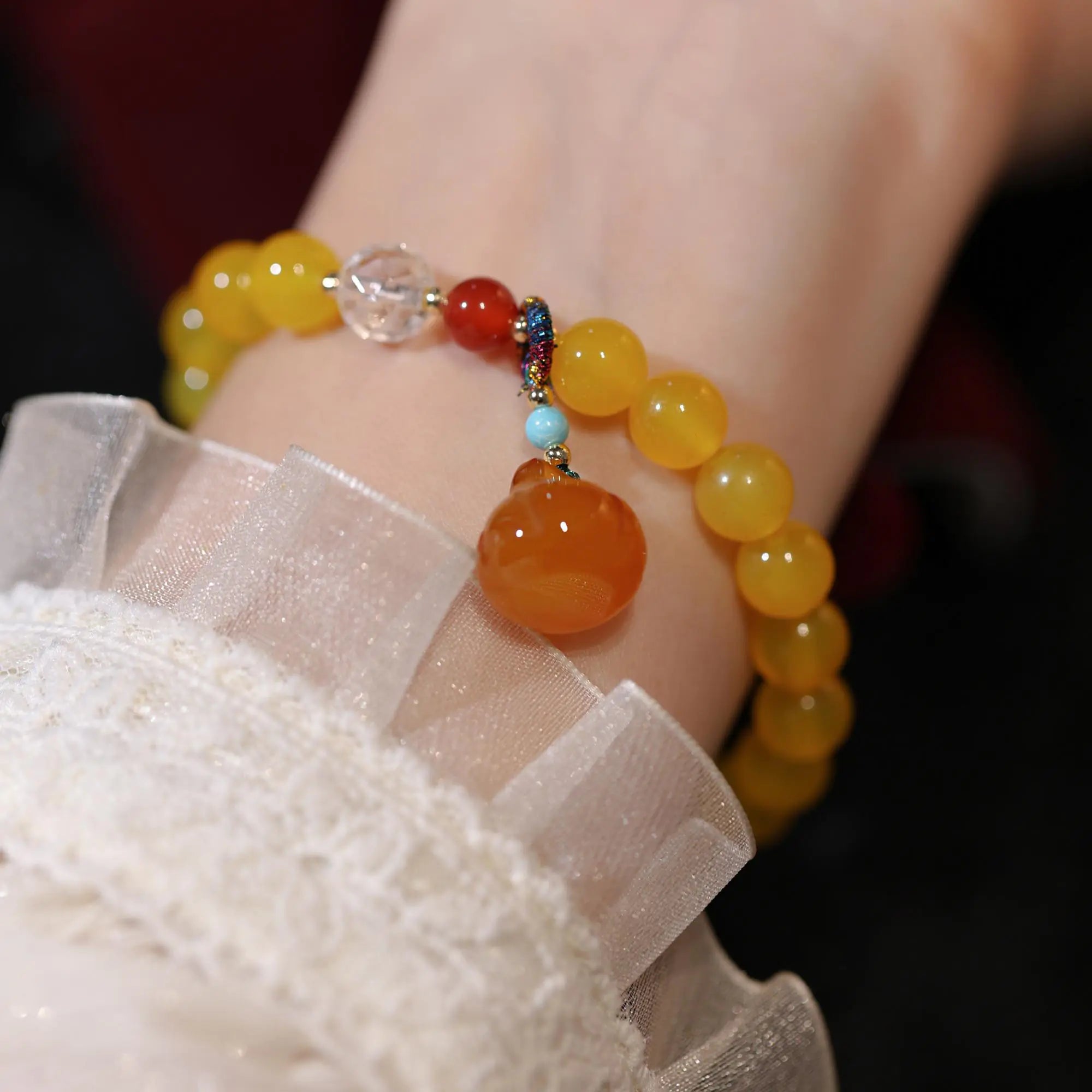 Simple Yellow Agate Bracelet with Pumpkin Pendant for Women