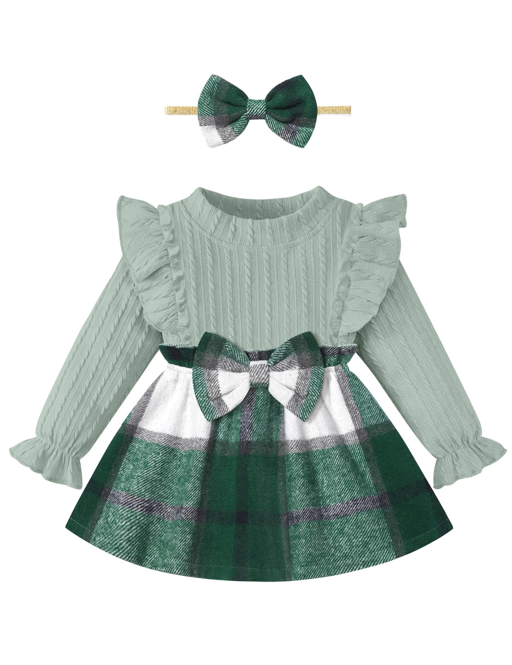 CRISONE Baby Girl Clothes 6-9 Months 9-12 Months Baby Girl Dresses Long Sleeve Green Plaid Baby Clothes for Girls Ribbed Ruffle Infant Dress