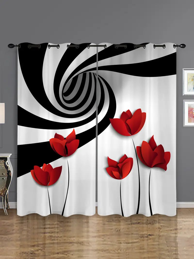 2pcs Abstract Art Curtains with Red Flower Design
