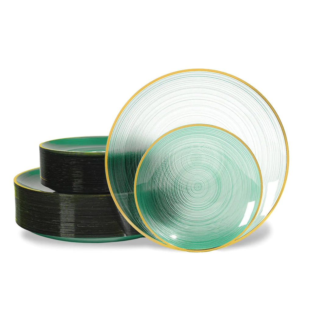 Fabulous Party 100PCS Green Plastic Plates-Crystal Design Green Disposable with Gold Rim Fancy  Include 50 Dinner 50 Dessert/Salad  for Party