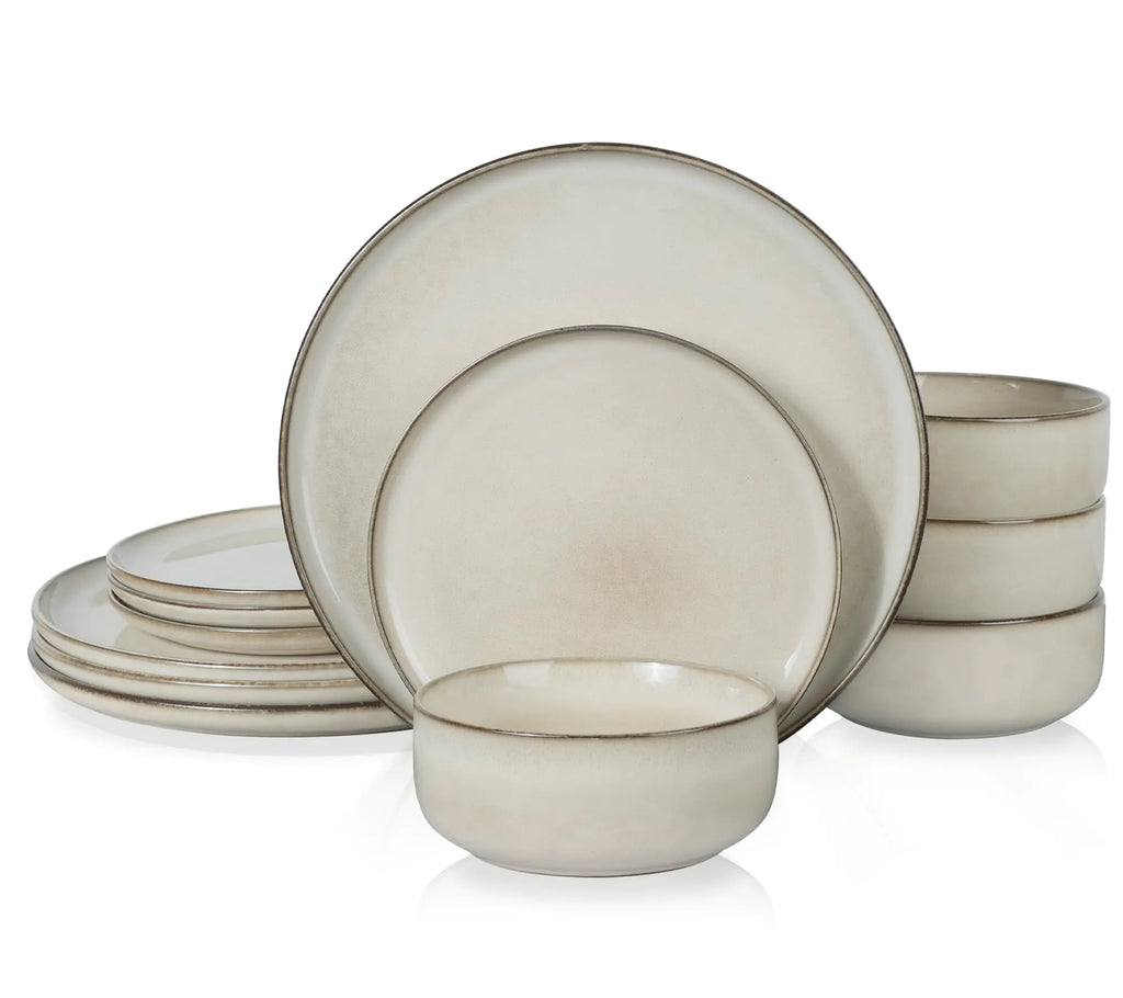 E-far Dinnerware Sets for 4 12-Piece Stoneware Plates and Bowls Set Reactive Glaze Dishes Dinning Ware Set Chip & Scratch Resistant  - Sandy Beige