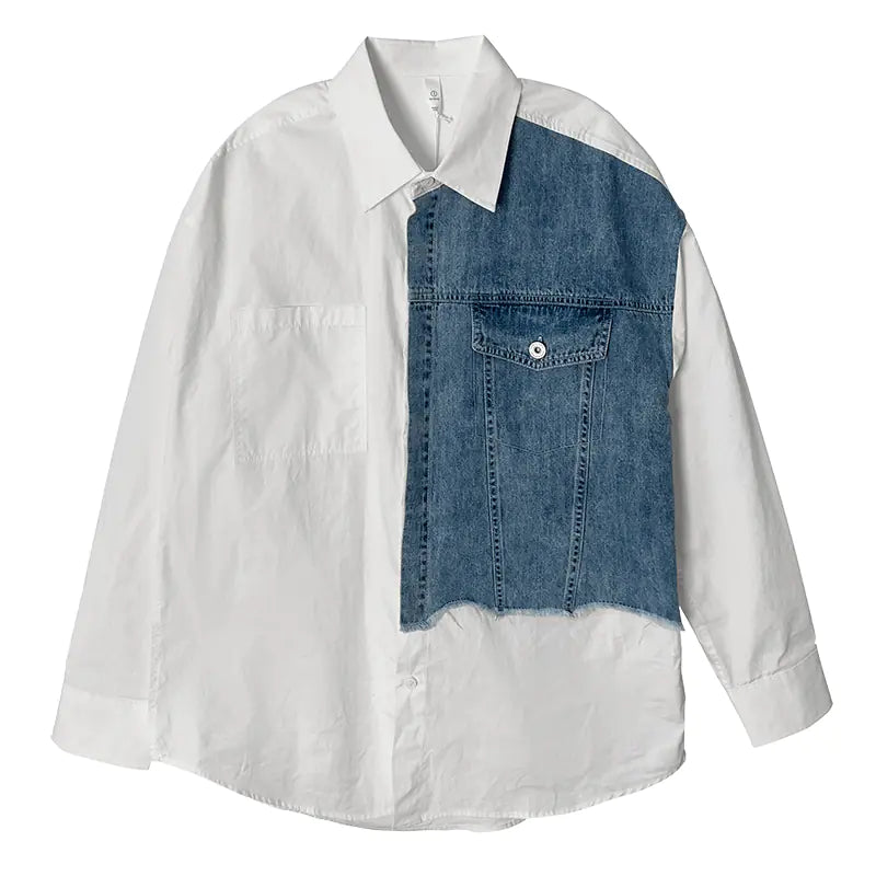 Longdaodao Spring Denim Splicing Shirt for Men