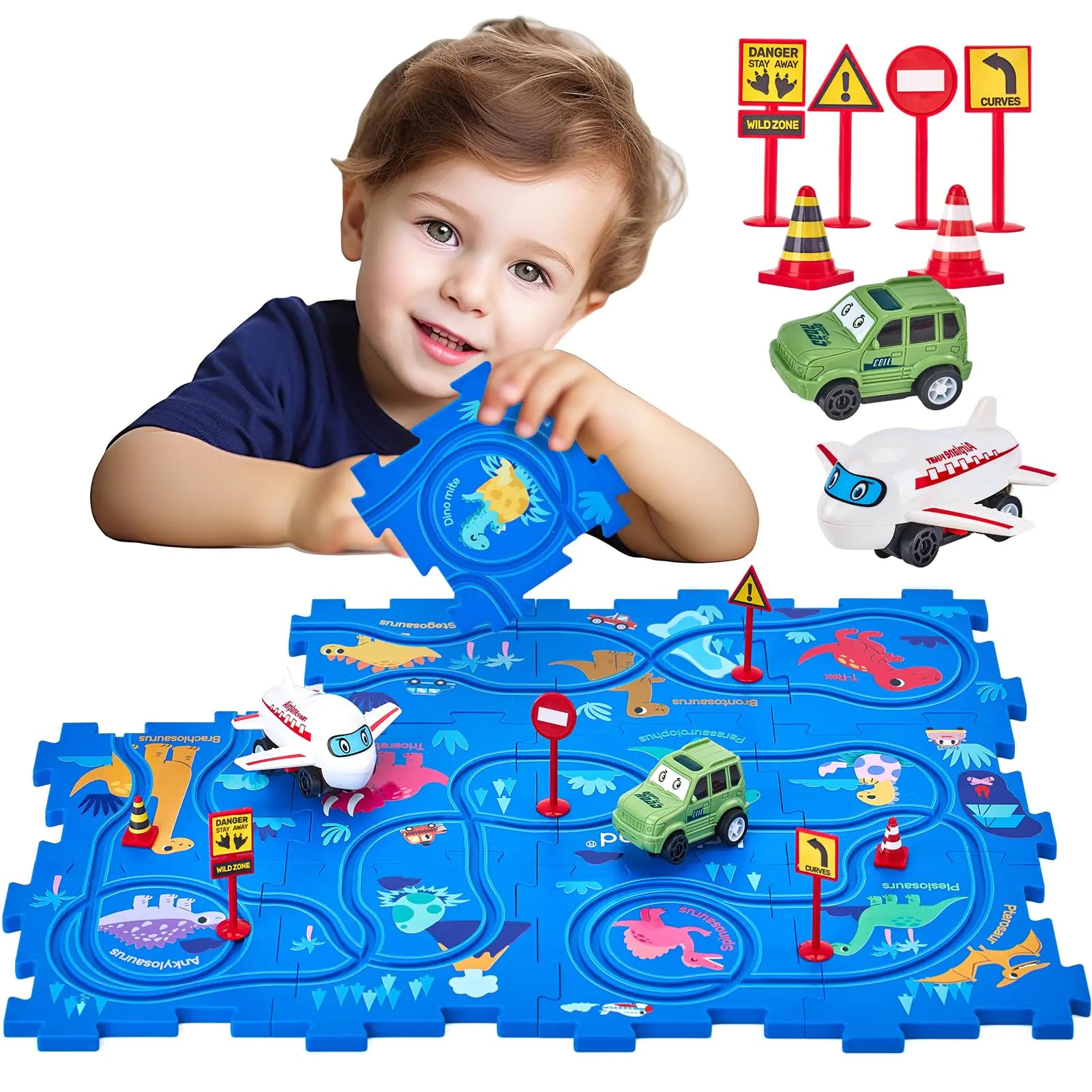 hahaland Kids Toys for 3 Year Old Boys Girls - 3 4 5 Year Old Boy Girl Gifts Race Track Educational Dinosaur Toys for Kids 3-5 Puzzle Racer Kids Car Track Set for 3+