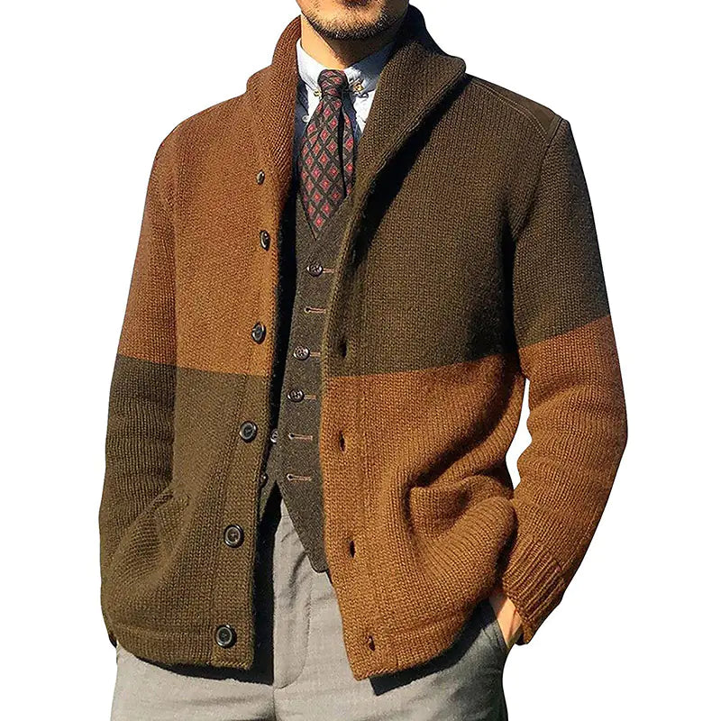 Men's Color-blocking Button Long-sleeve Knitted Jacket