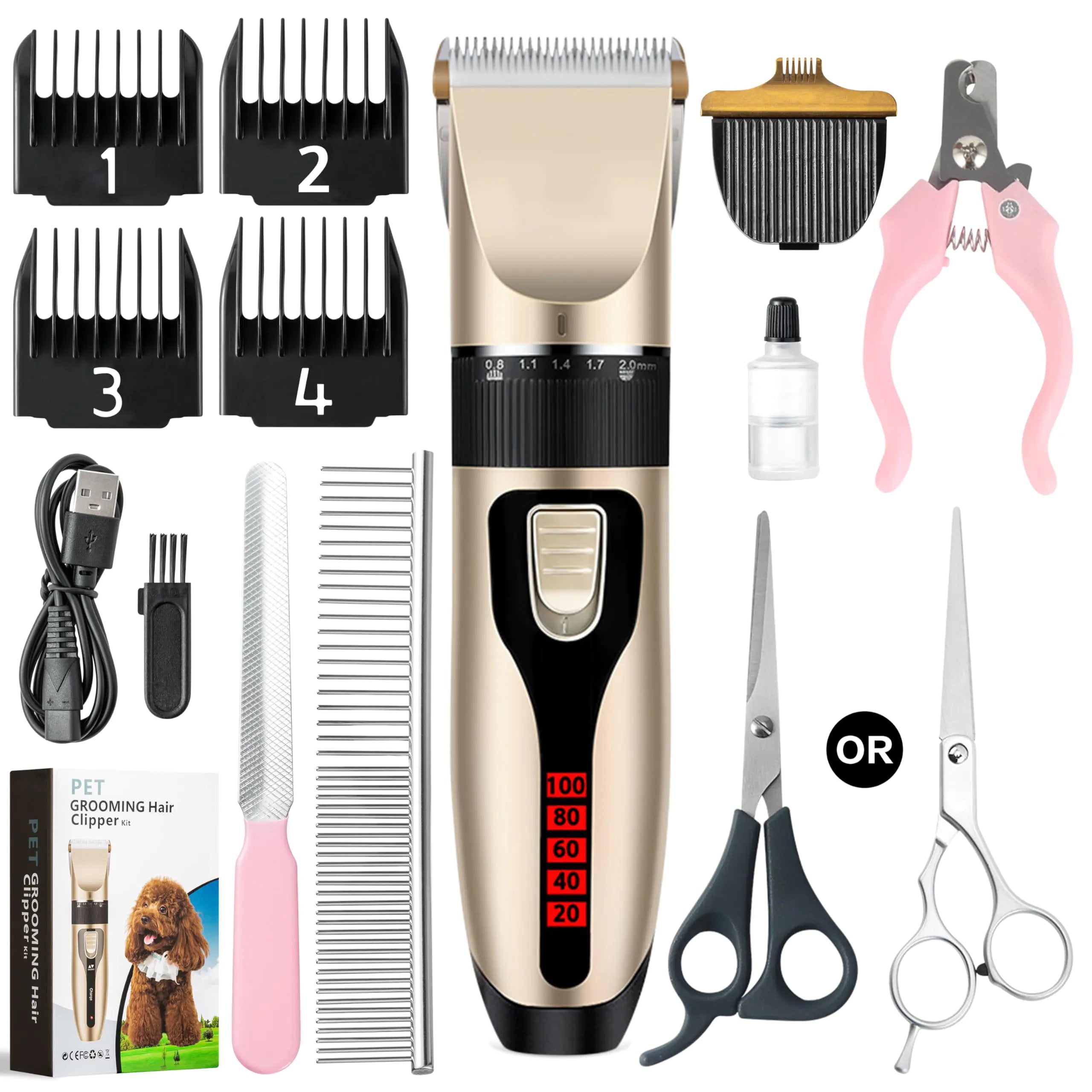 Dog Grooming Kit and Paw Trimmer - Low Noise Electric Quiet Hair Clippers Set Rechargeable Cordless Pet for Thick Coats Pet Trimmer for Dogs Cats Pets