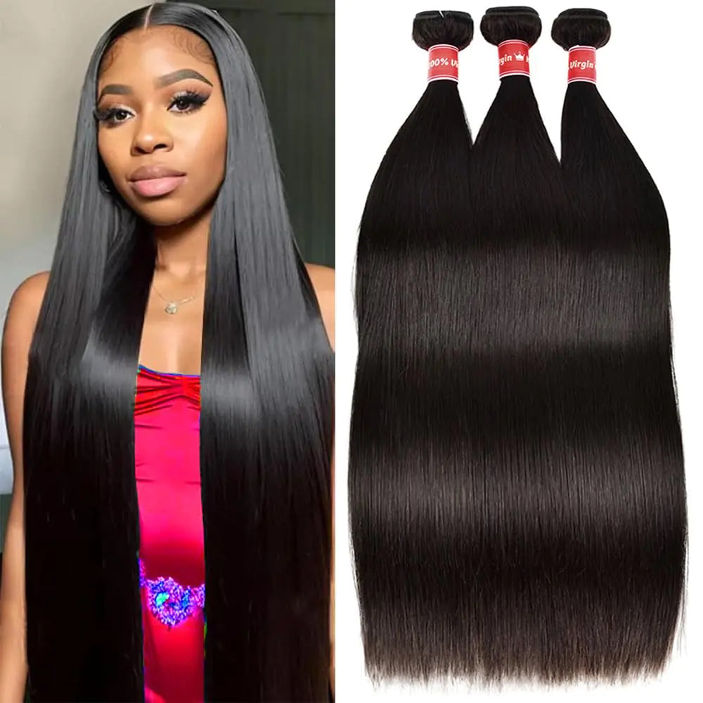 Straight 3 Bundles Human Hair Weave Bundles Long Straight Human Hair Bundles 10A Grade 100% Unprocessed Human Hair Bundles Brazilian Bundles Human Hair Natural Black Color 24 26 28 Inch