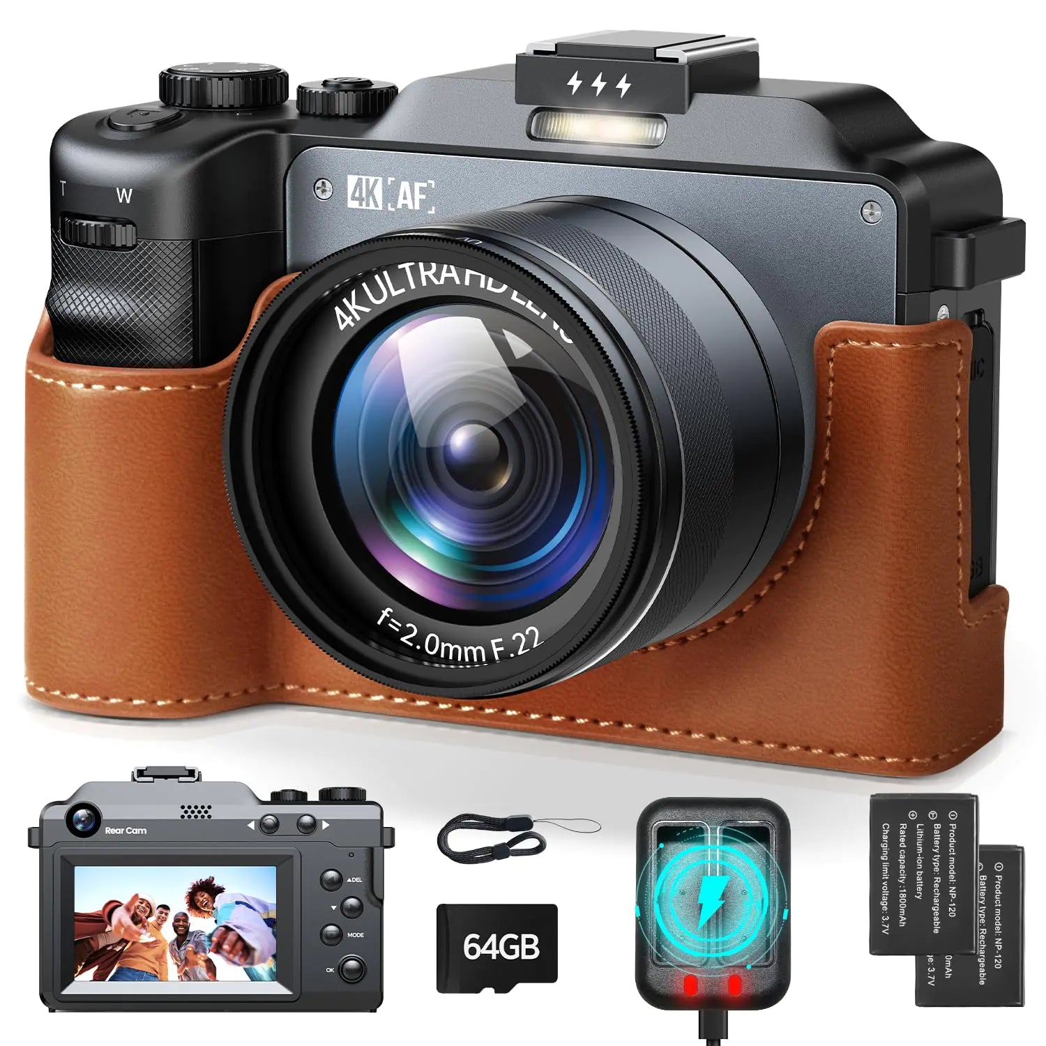 4K Digital Camera for Photography 64MP Autofocus Vlogging 3.0 Dual Lens Point and Shoot with 18X Zoom Campact Selfie for 64GB Card protective Charger